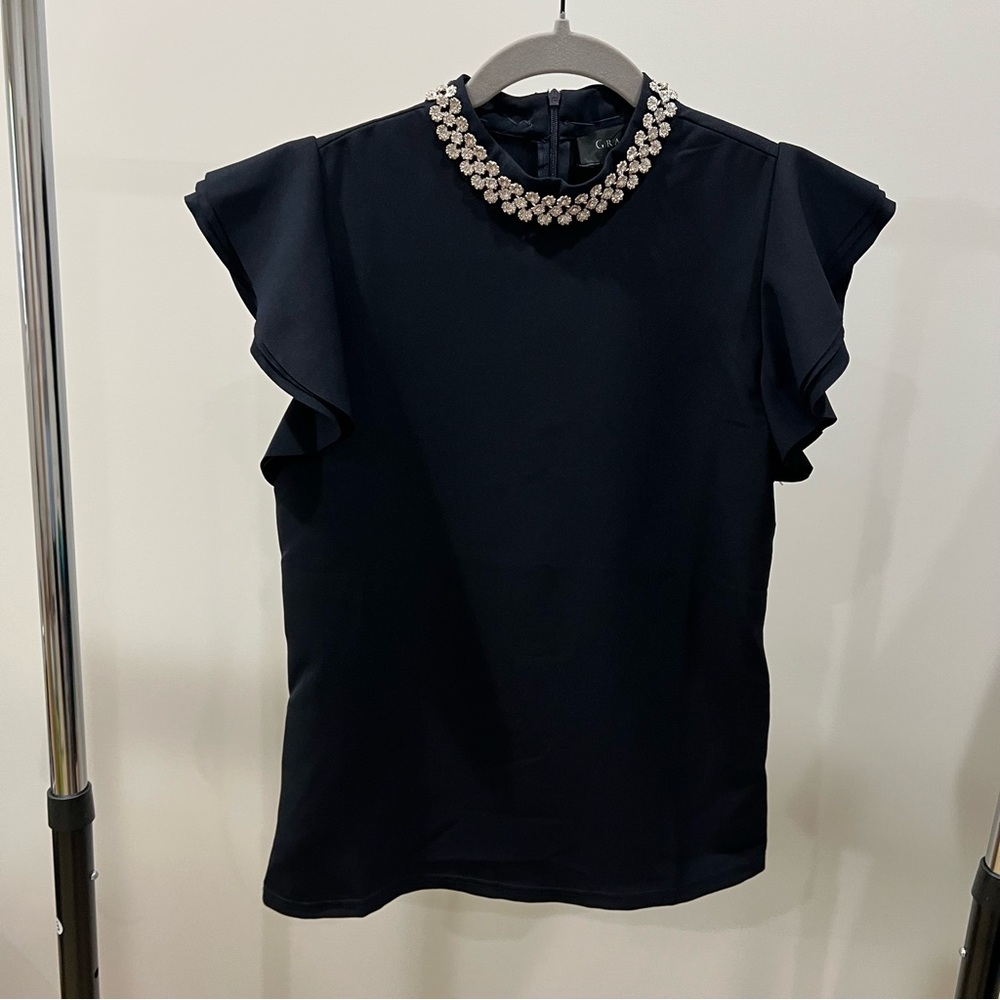 Embellished Neck Flutter Sleeve Top - Navy Blue